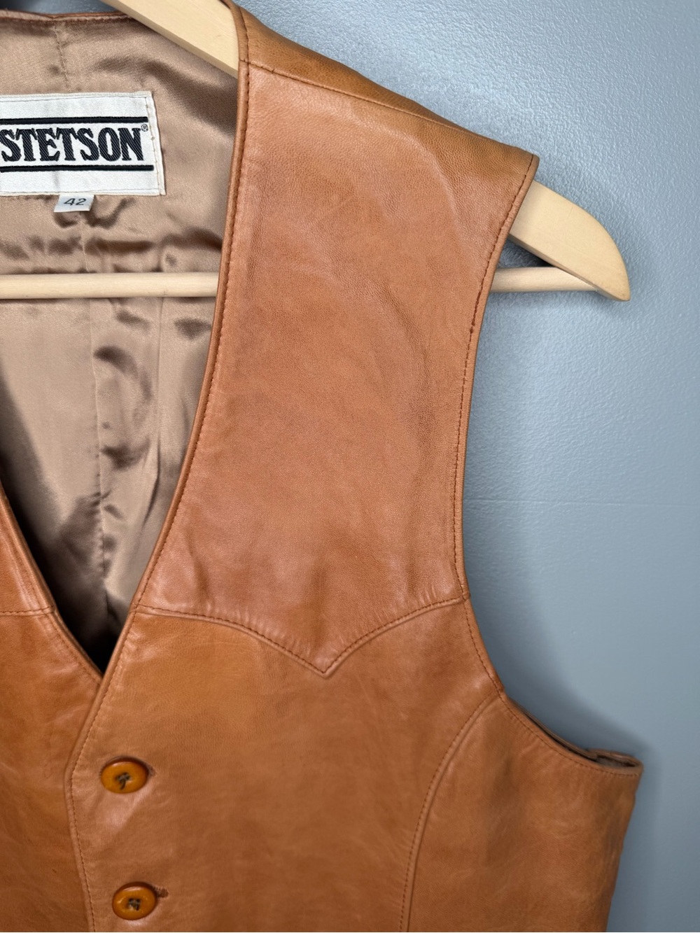 STETSON Vintage 80s Cognac Leather Western Vest - Picture 8 of 14